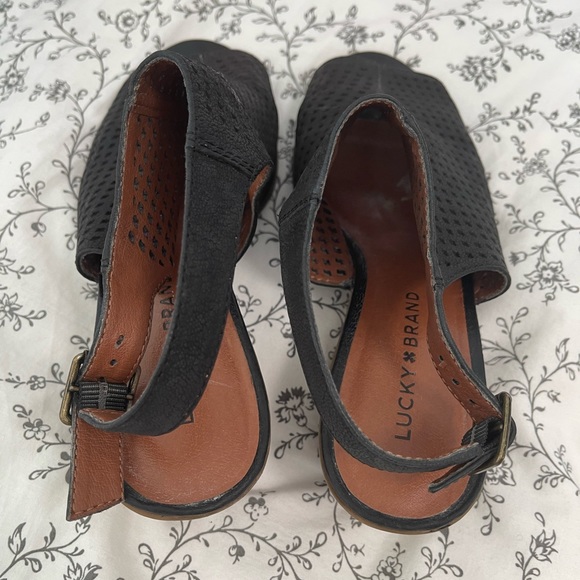 Lucky Brand Sling-back open toe Black leather mules ankle heeled sandals booties - Picture 9 of 11